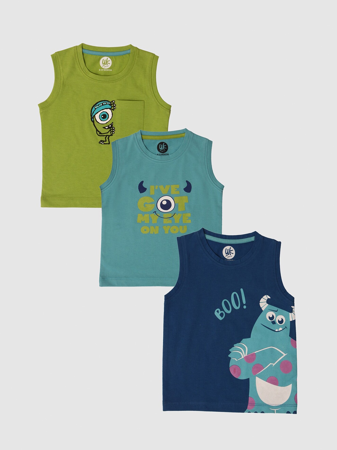 

YK Boys Pack Of 3 Monster Inc Printed Regular Sleeveless T-shirt, Multi