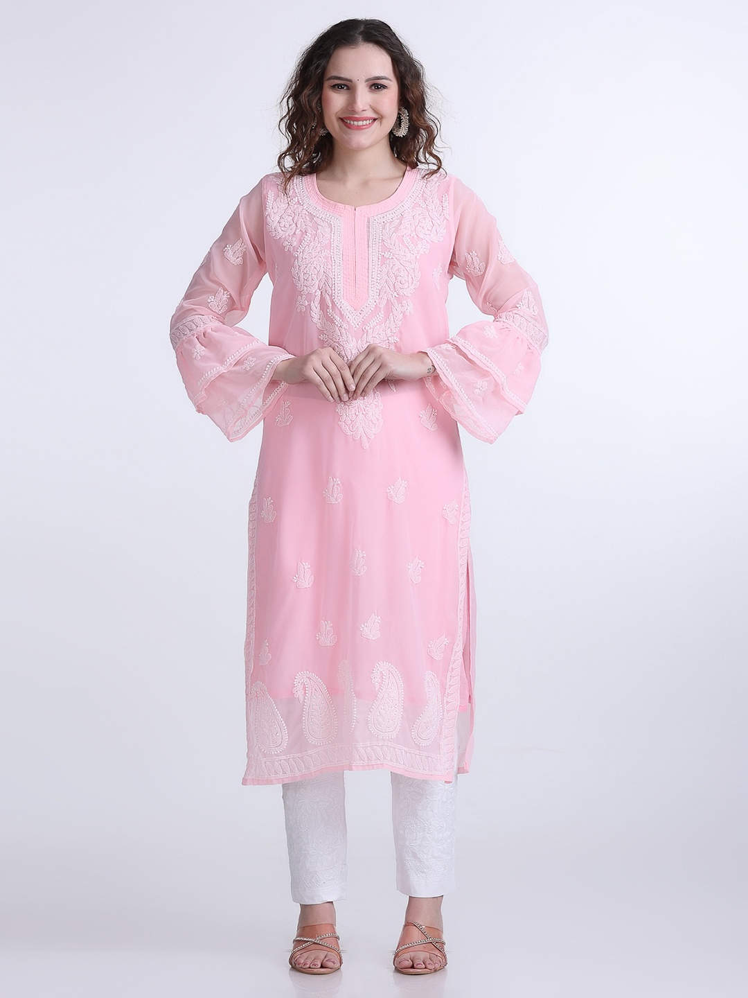 

FAWOMENT Women Pink Paisley Embroidered Flared Sleeves Chikankari Georgette Kurta