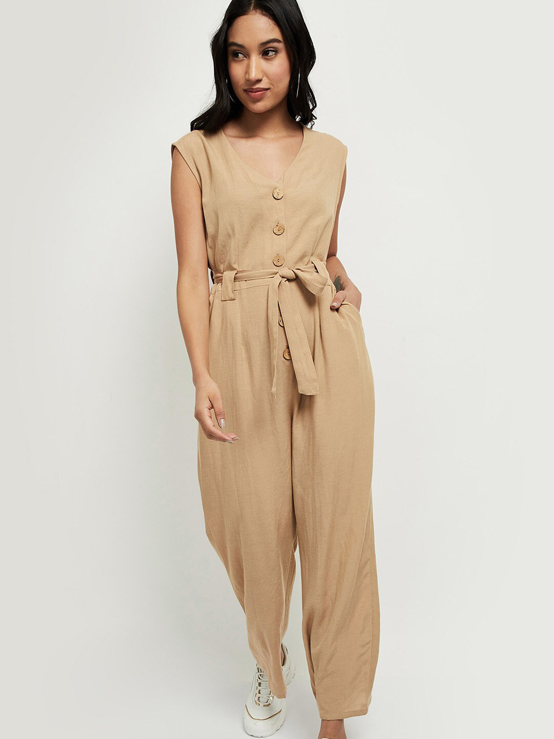 

max Beige Solid Basic Jumpsuit