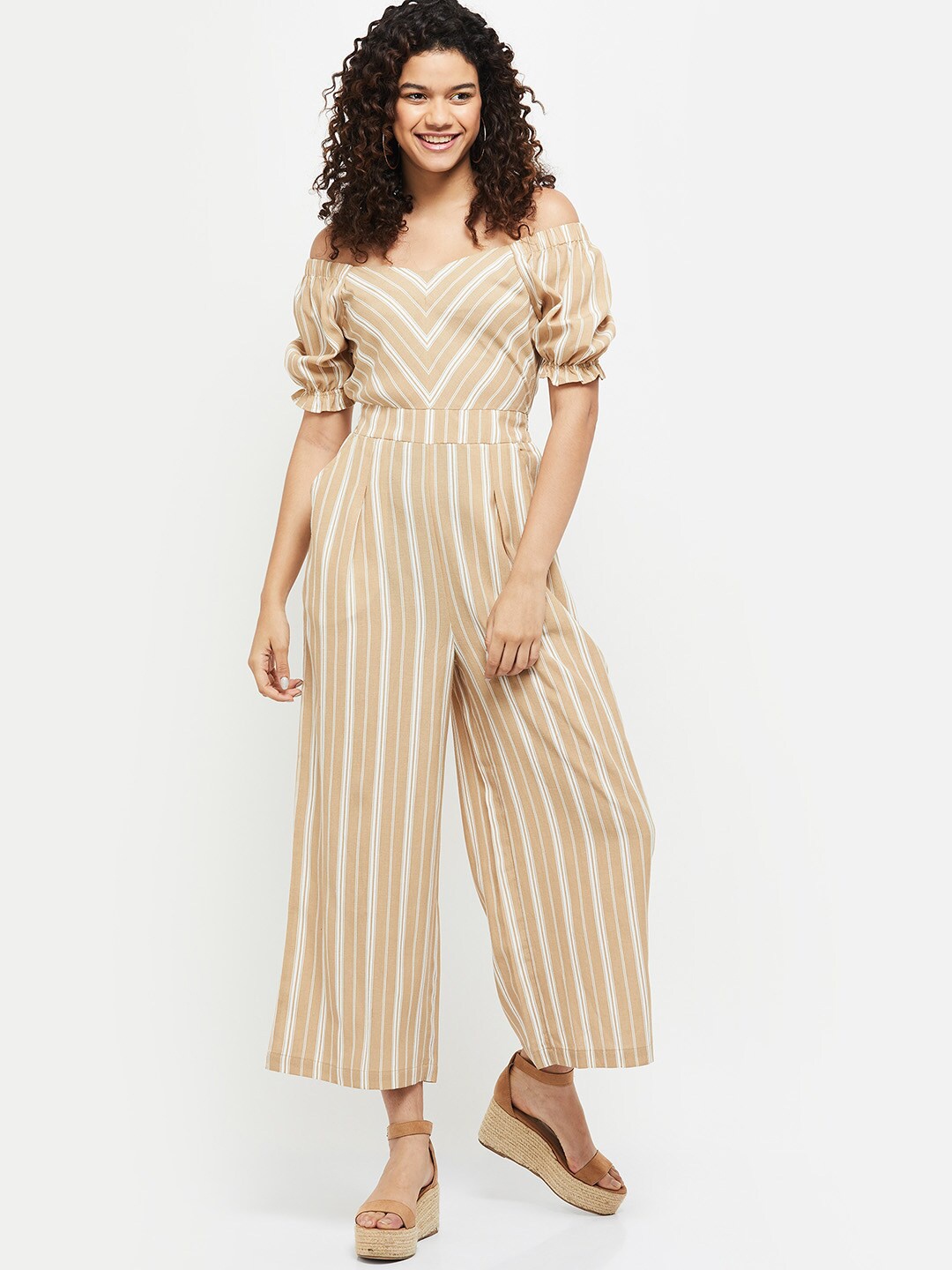 

max Brown & White Off-Shoulder Striped Basic Jumpsuit