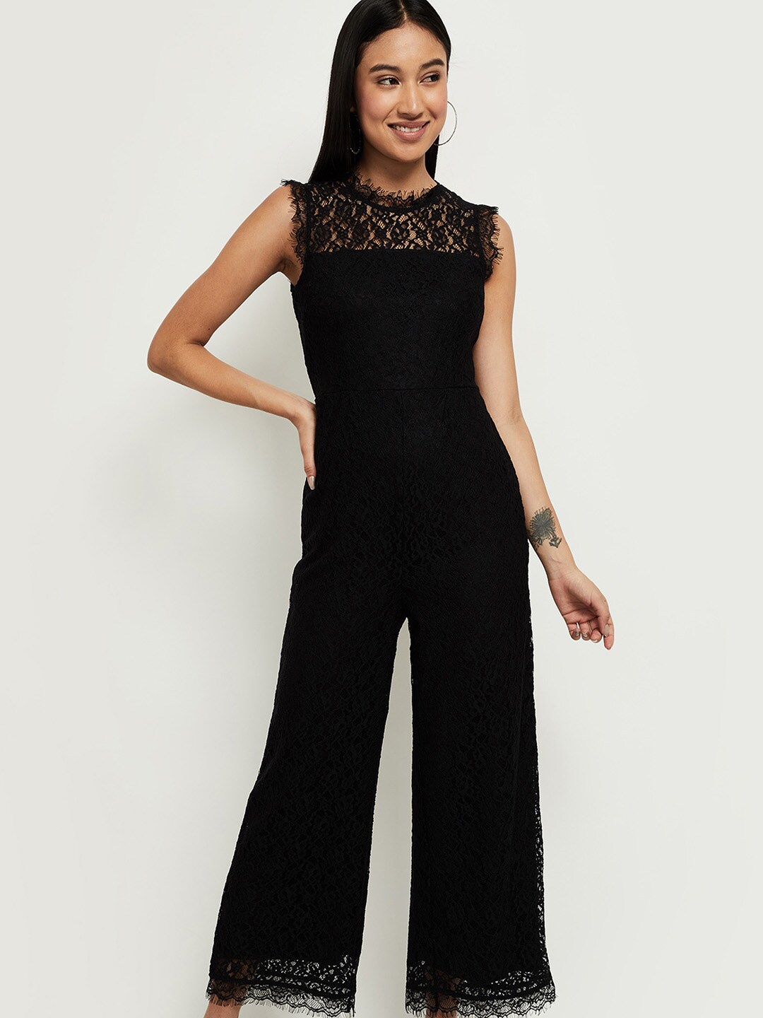 

max Women Black Self Design Basic Jumpsuit with Lace Inserts