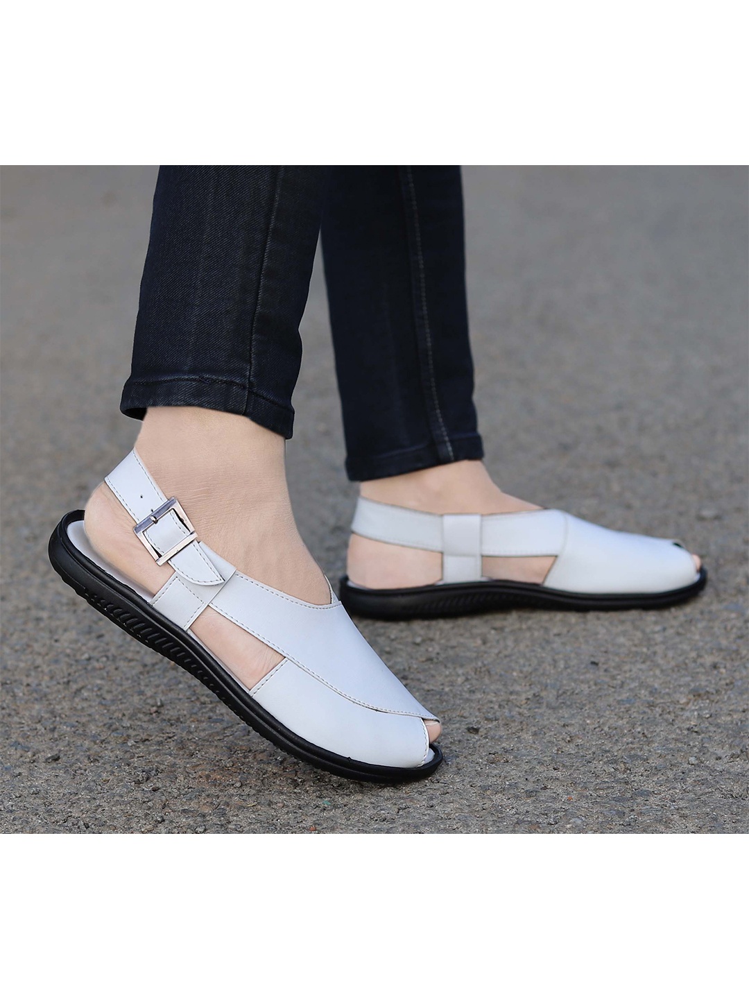 

FOUR STAR TRUCK SALES Men White Open Toe Flats with Buckles