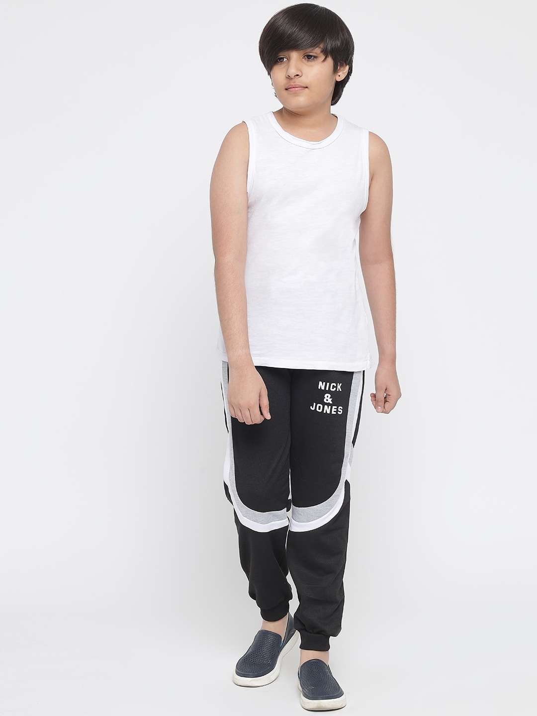 

Nick and Jones Kids Black & White Brand Logo Print Colourblocked Pure Cotton Joggers