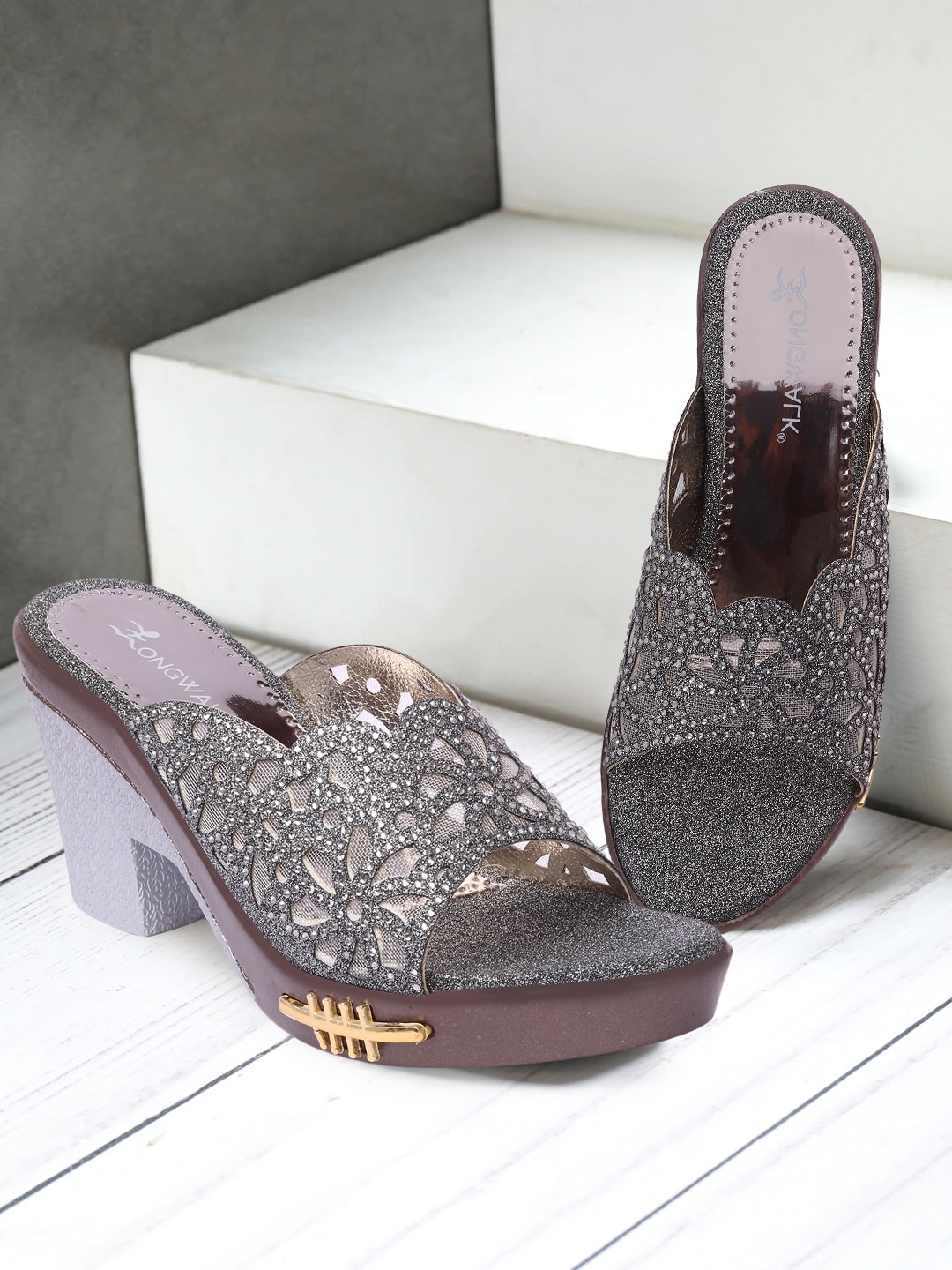 

Longwalk Women Grey Embellished Party High-Top Block Heels Peep Toes