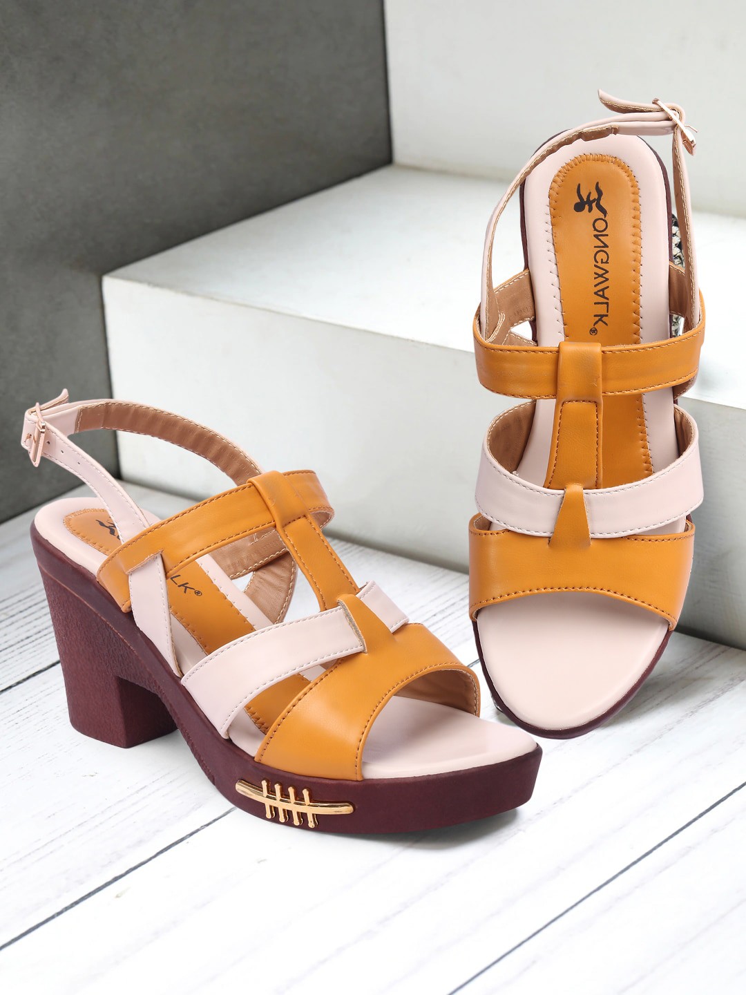 

Longwalk Women Yellow & Beige Colourblocked Party High-Top Block Heels