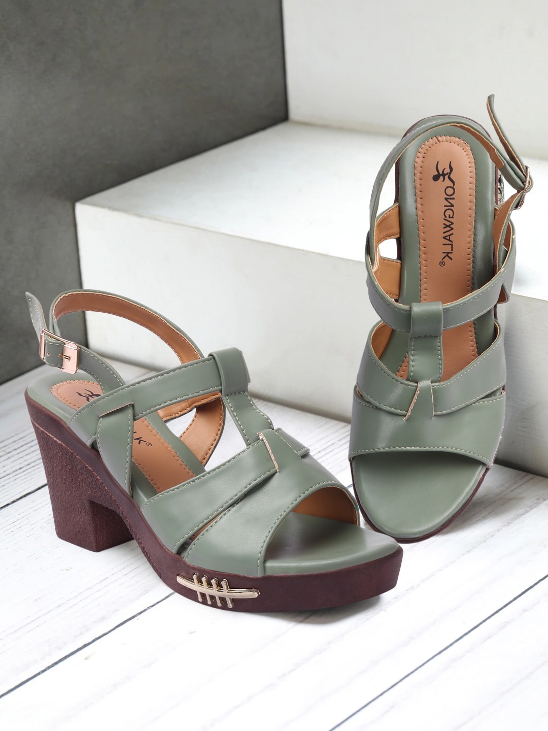 

Longwalk Women Green Party High-Top Block Heels Peep Toes with Buckles