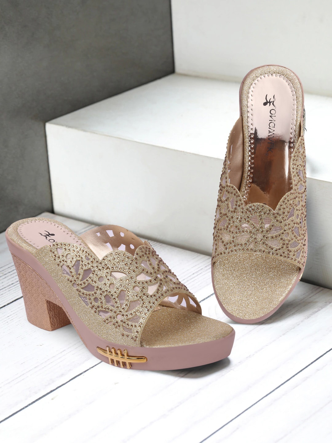 

Longwalk Women Gold-Toned Embellished Party High-Top Block Peep Toes