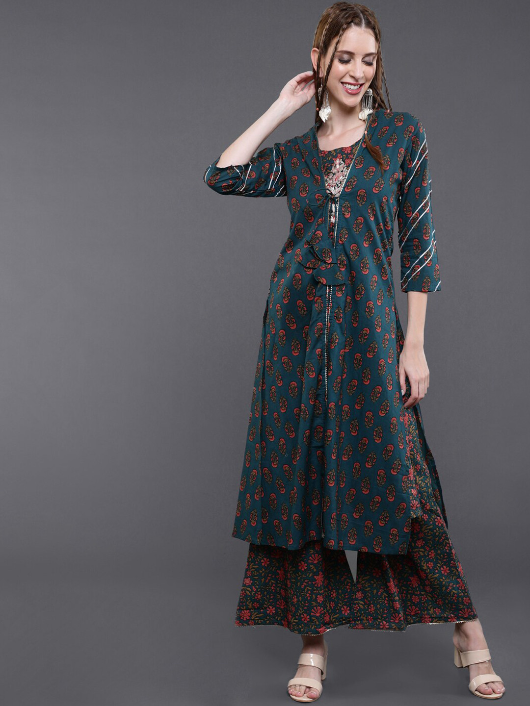 

saubhagya Women Green Ethnic Motifs Printed Pure Cotton Kurti with Palazzos