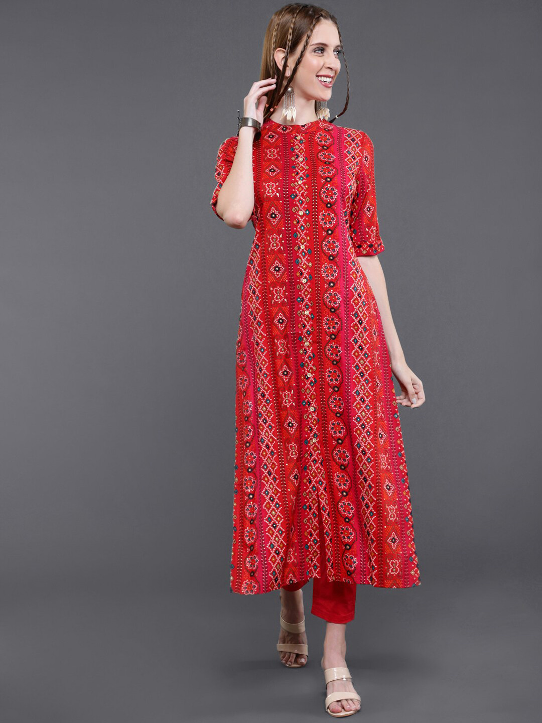 

saubhagya Women Red & Multicoloured Ethnic Motifs Printed Straight Kurta
