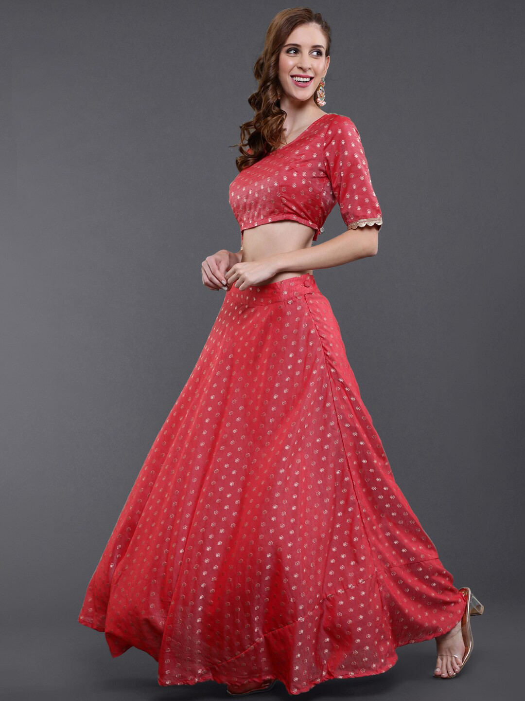 

saubhagya Red & Pink Printed Ready to Wear Lehenga & Blouse With Dupatta