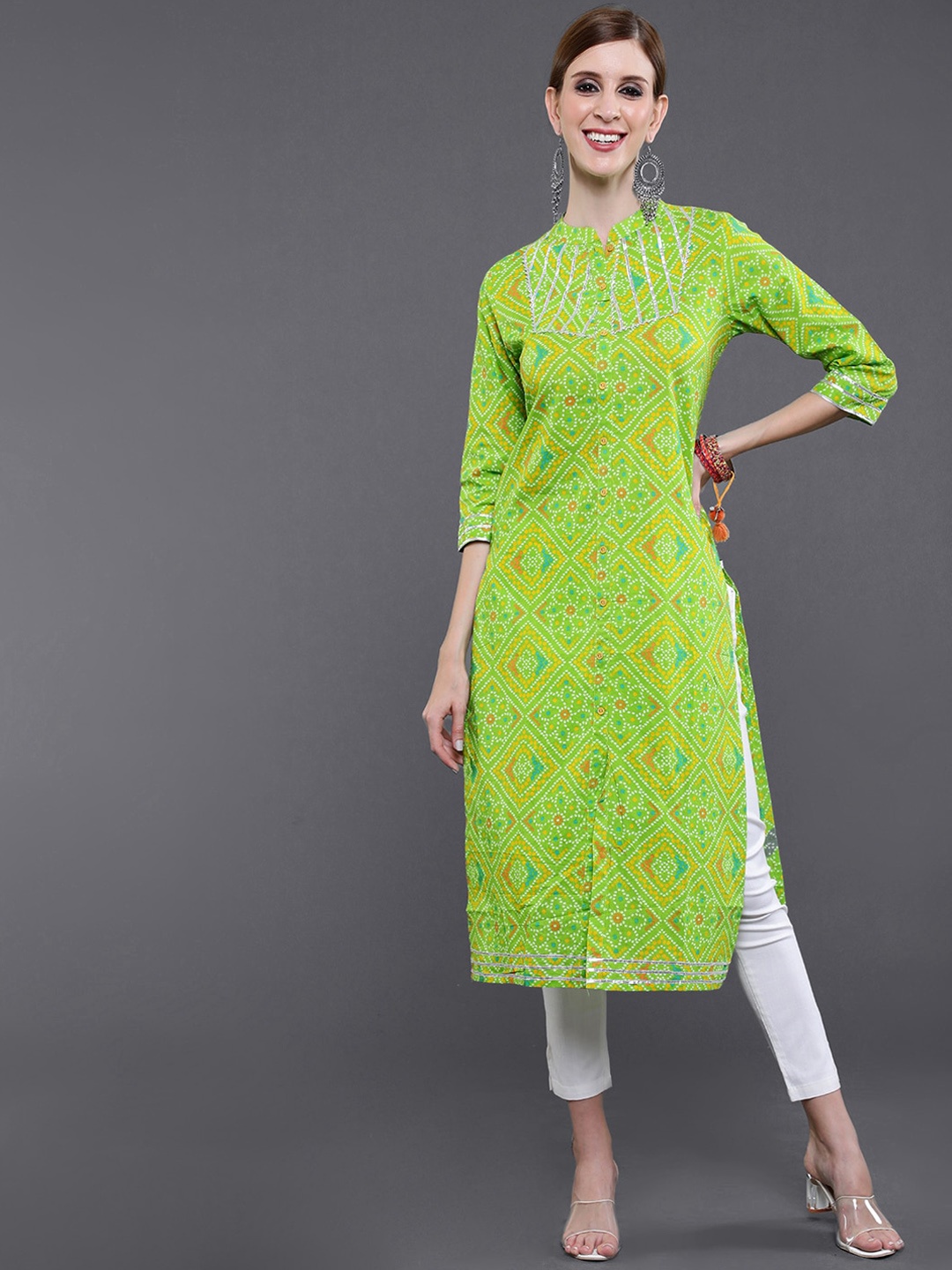 

saubhagya Women Green Bandhani Printed Straight Kurta