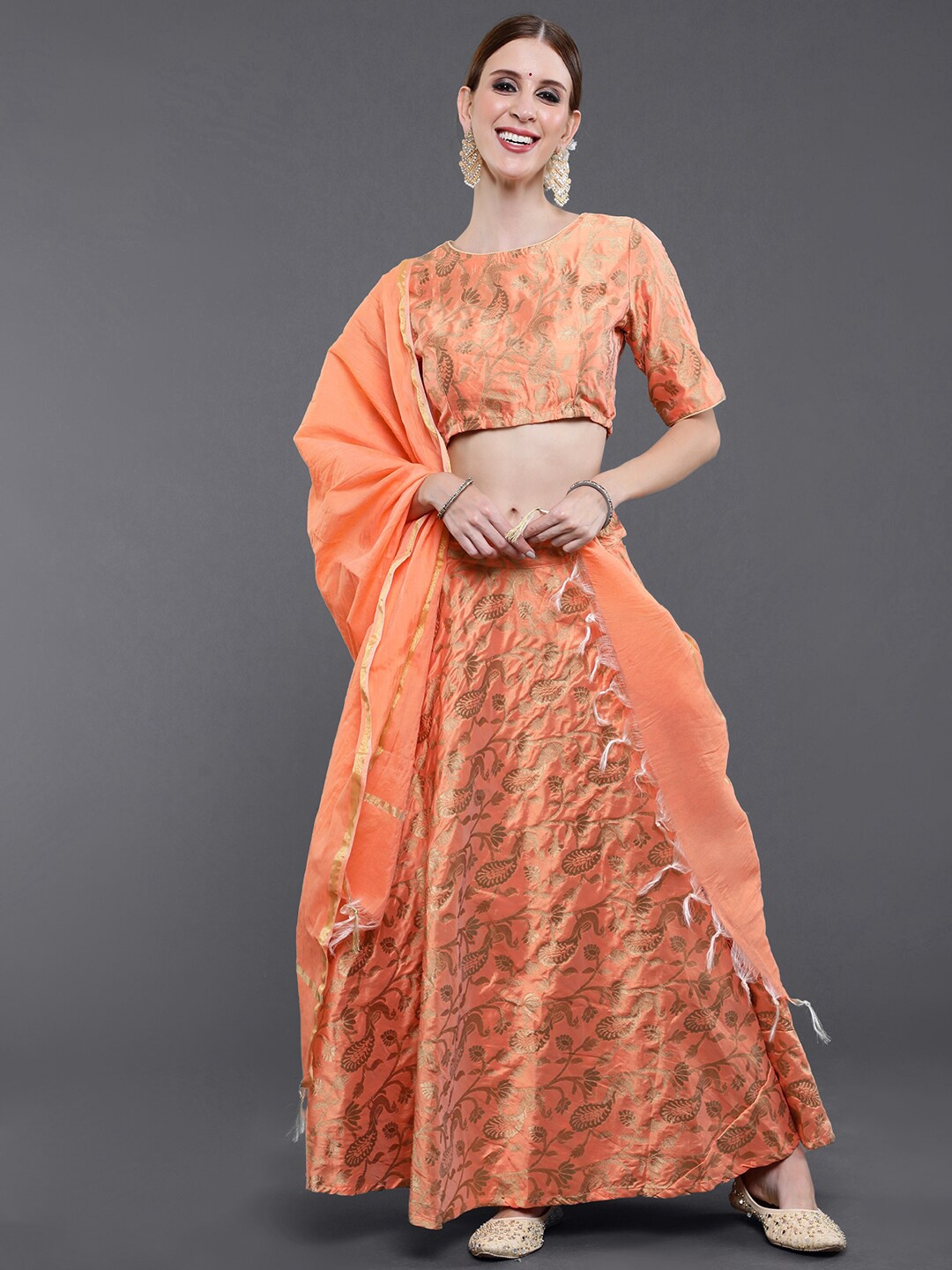 

saubhagya Peach-Coloured & Golden Ready to Wear Lehenga & Blouse With Dupatta