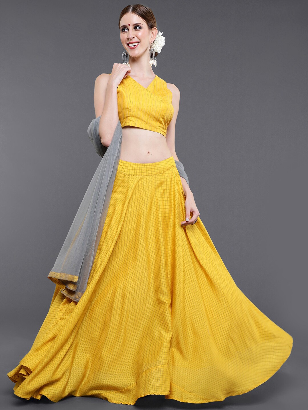 

saubhagya Mustard & Grey Printed Ready to Wear Lehenga & Blouse With Dupatta