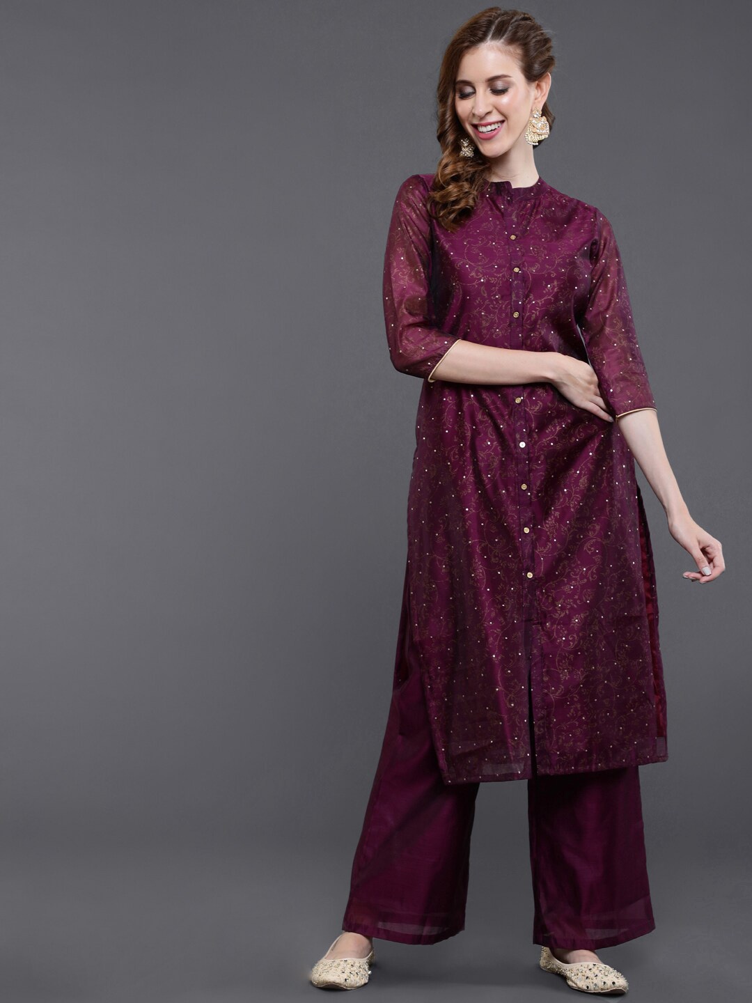 

saubhagya Women Purple Floral Printed Chanderi Silk Chanderi Silk Kurta