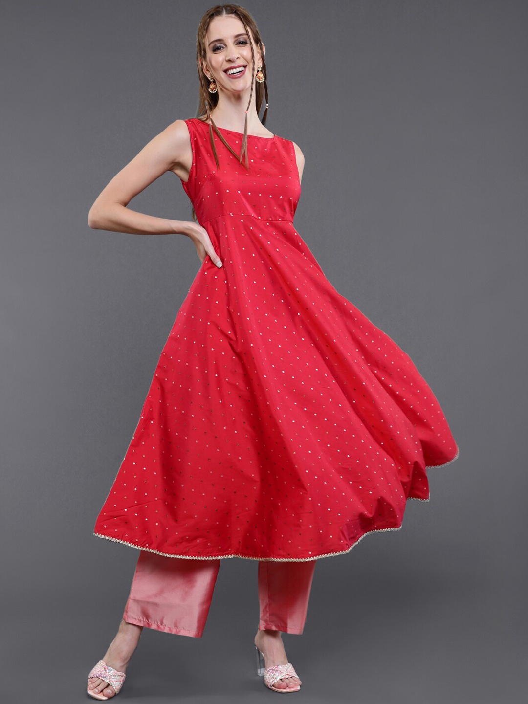 

saubhagya Women Red Woven Design Flared Anarkali Kurta
