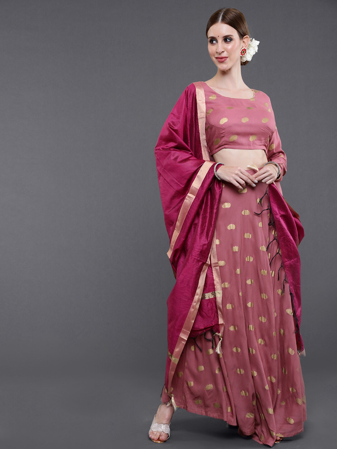 

saubhagya Mauve Printed Ready to Wear Lehenga & Blouse With Dupatta