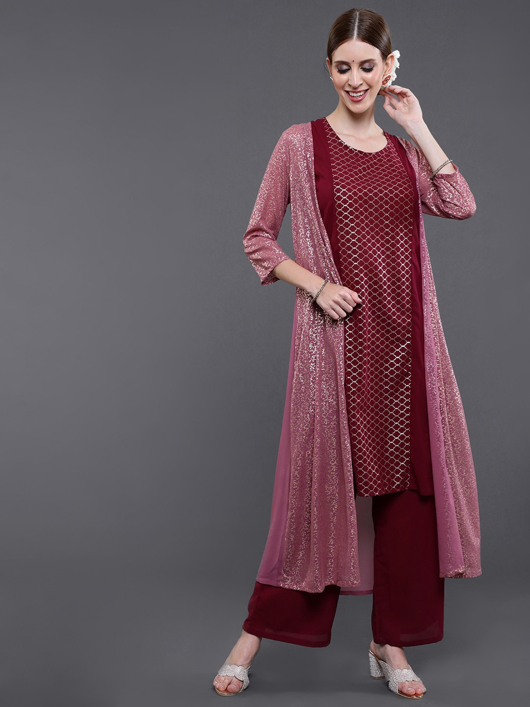 

saubhagya Women Maroon Printed Straight Kurta with Palazzos