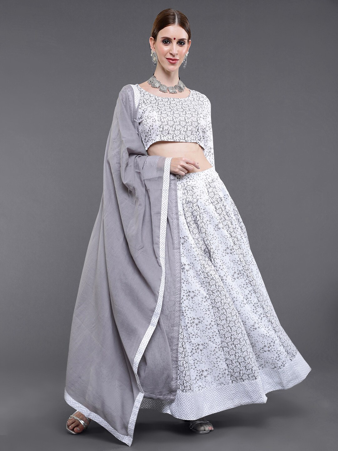 

saubhagya White & Grey Printed Ready to Wear Lehenga Choli With Dupatta