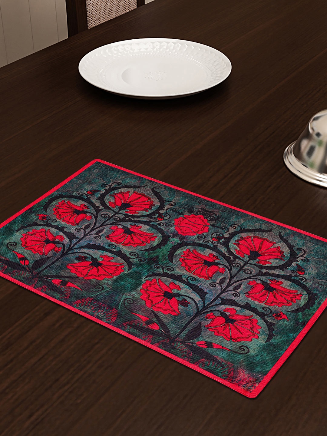 

SEJ by Nisha Gupta Grey & Red Set of 4 Printed Table Placemats