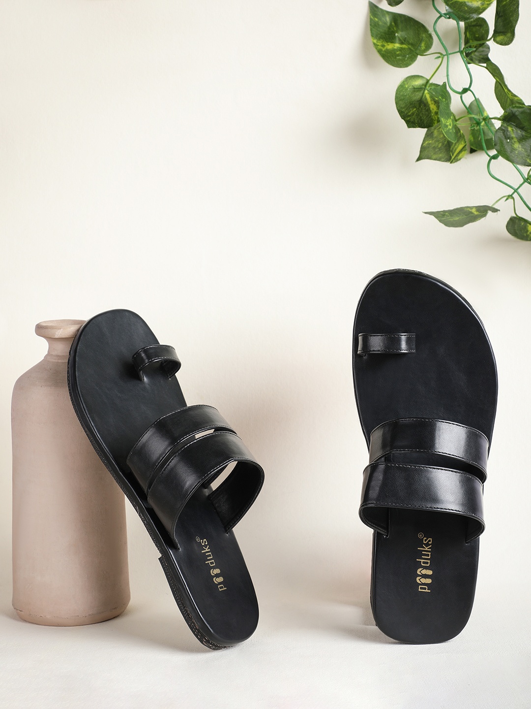 

Paaduks Men Black Embellished Open Toe Flats