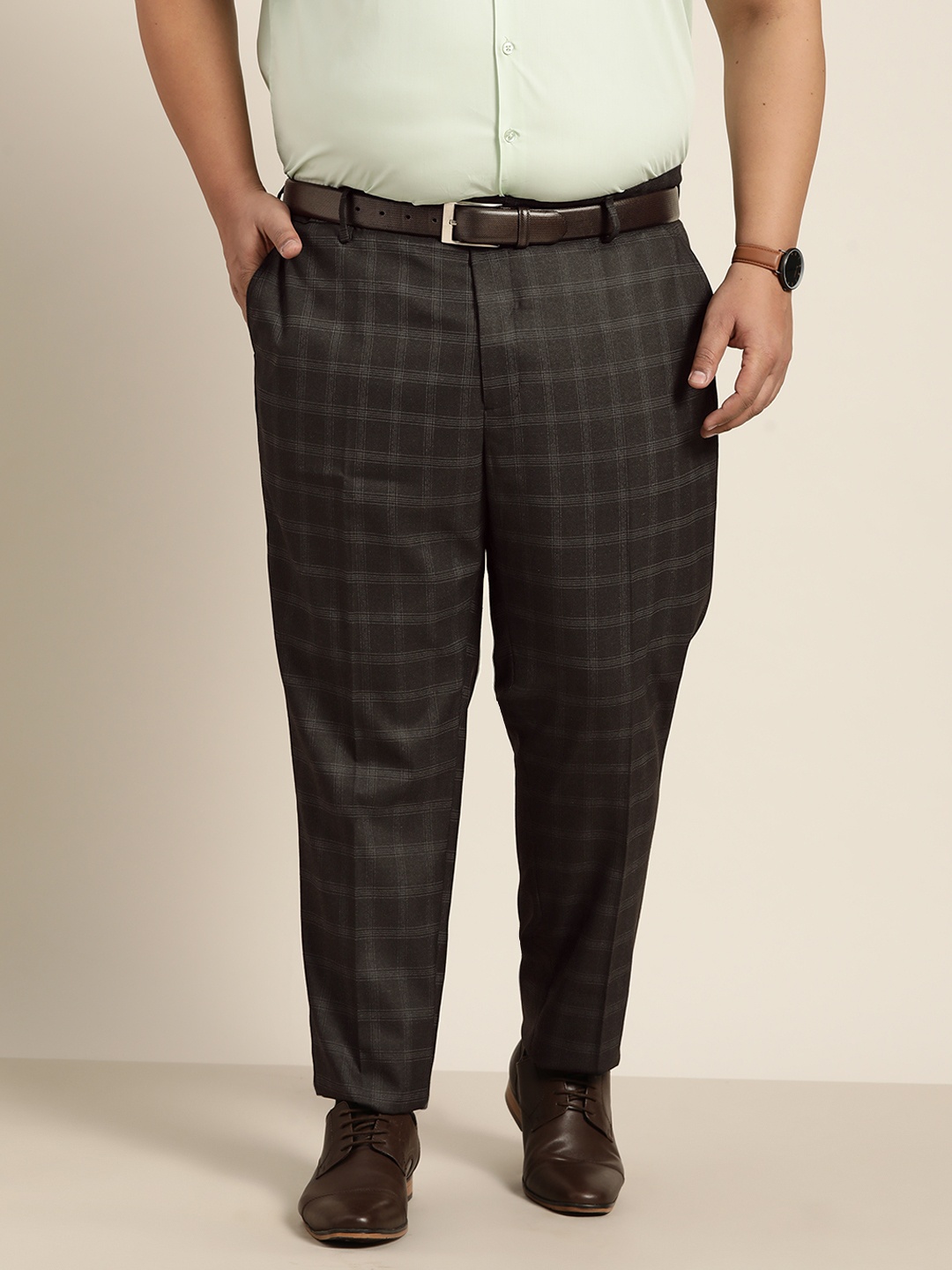 

Sztori Men Plus Size Charcoal Grey Checked Formal Trousers