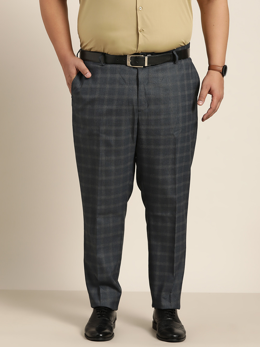 

Sztori Men Plus Size Navy Blue Checked Formal Trousers