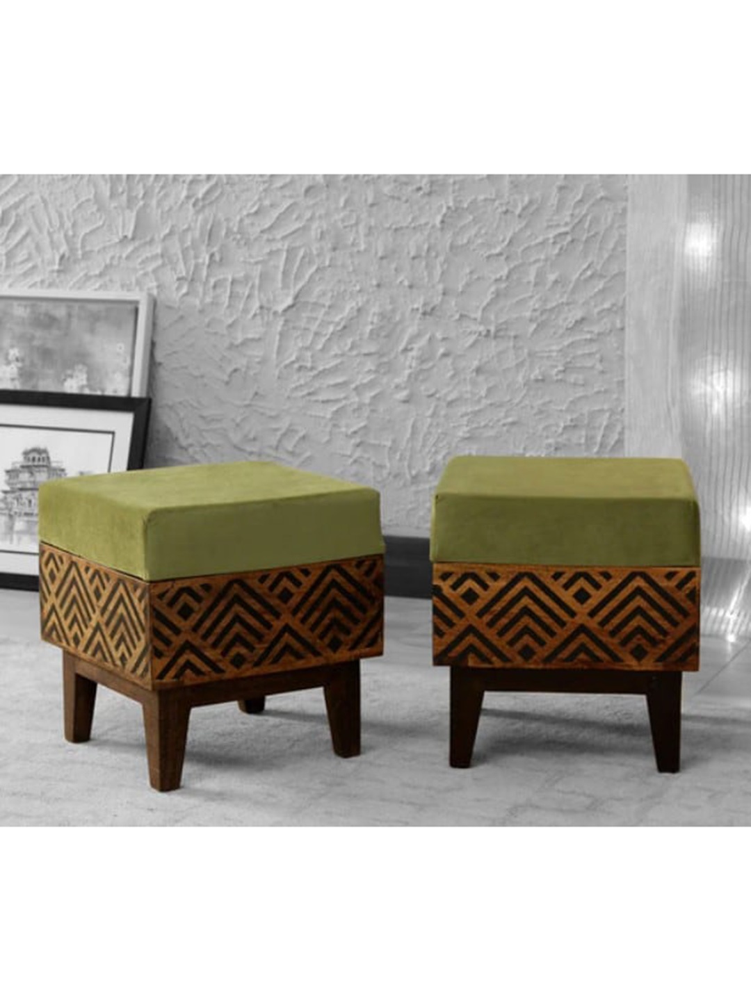 

GLOBALLY INDIAN Green Wooden Ottoman/ Stool