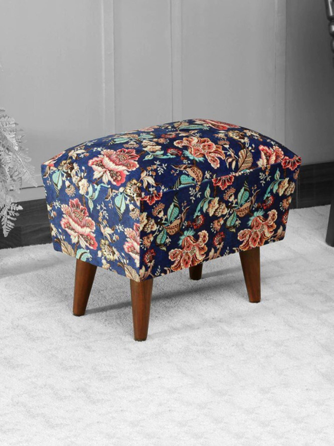 

GLOBALLY INDIAN Blue Floral Rectangular Puff Acacia Wood Ottomans, Navy blue
