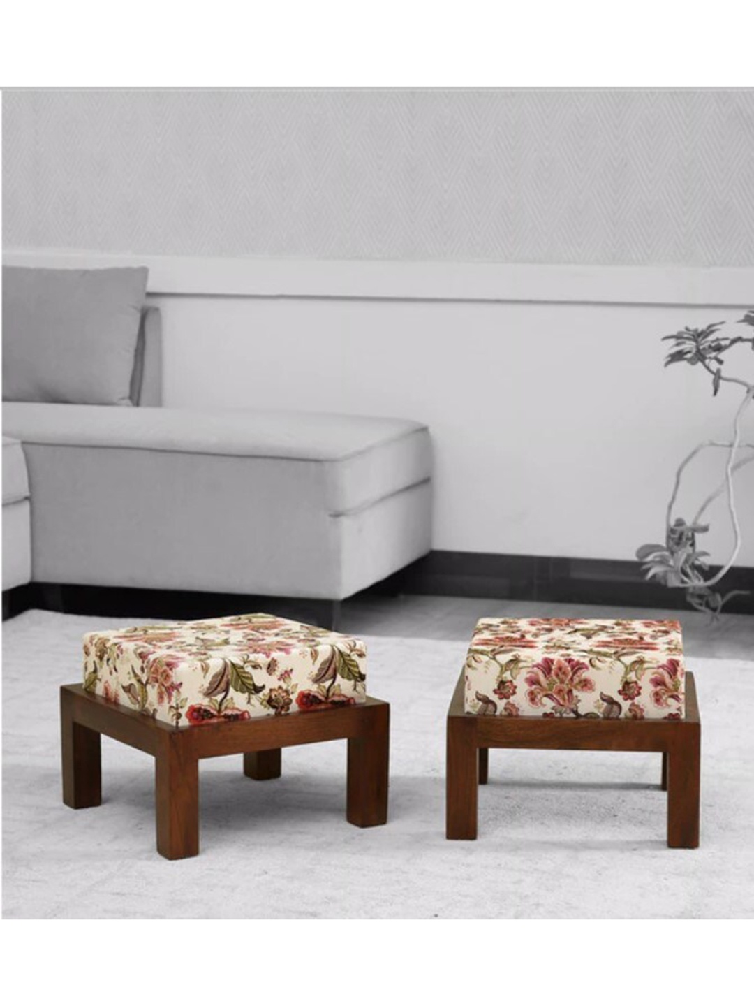 

GLOBALLY INDIAN Set of 2 Cream & Brown Printed Acacia Wood Low-Heighted Ottomans