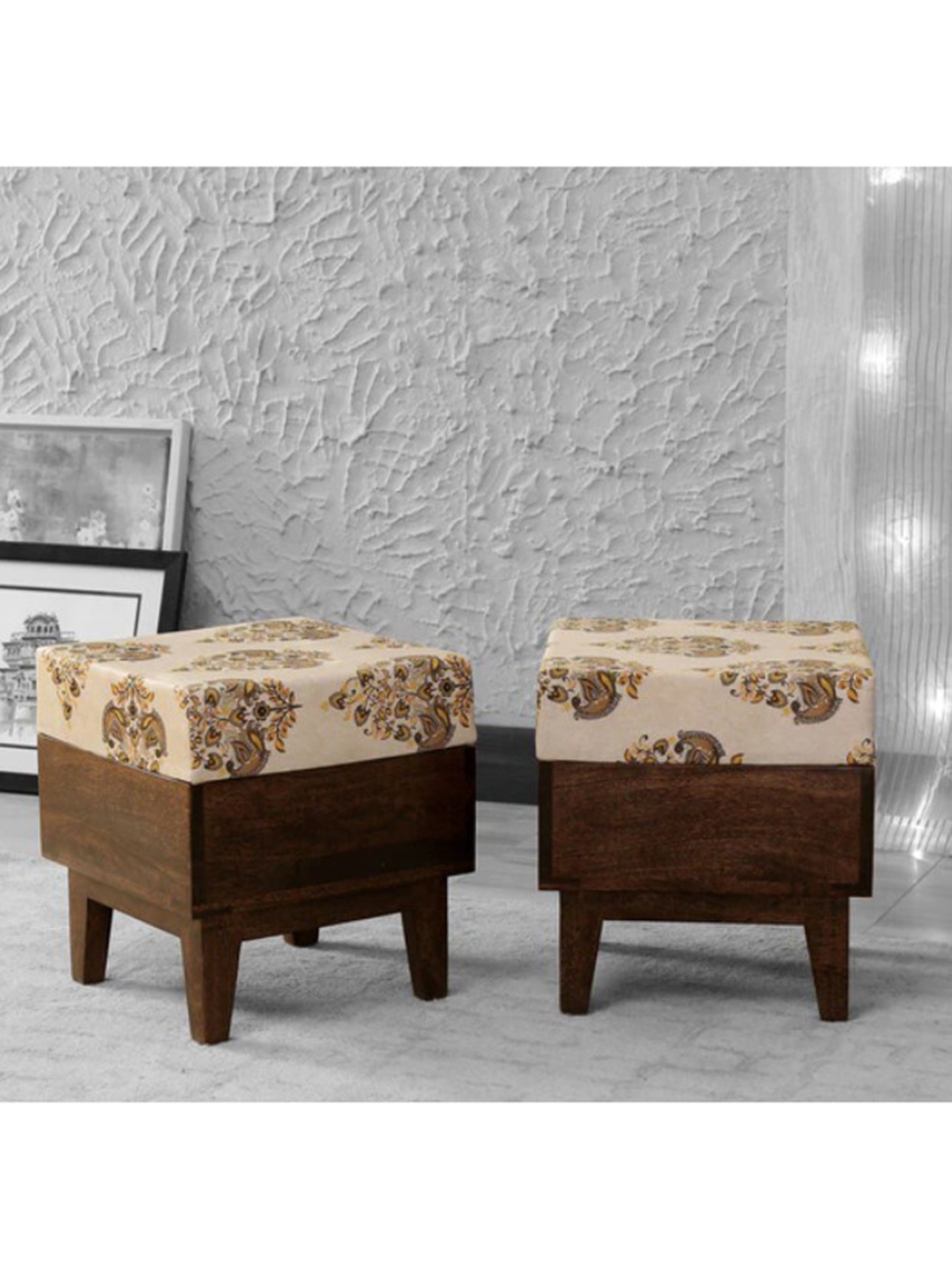 

GLOBALLY INDIAN Set of 2 Off White & Brown Printed Mango Wood Ottomans