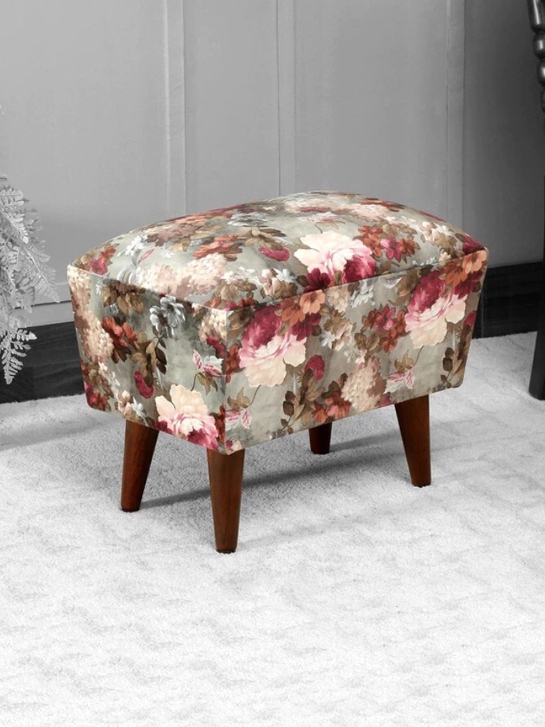 

GLOBALLY INDIAN Green Floral Print Rectangular Wooden Ottoman
