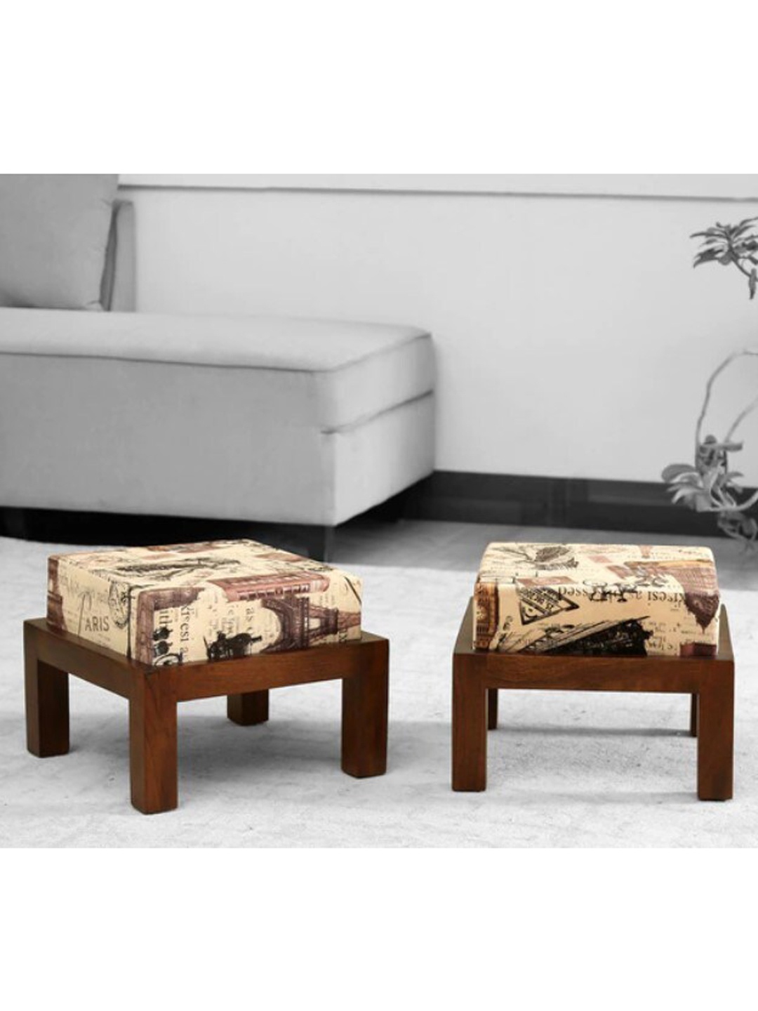 

GLOBALLY INDIAN Set Of 2 Beige Acacia Wood Ottomans