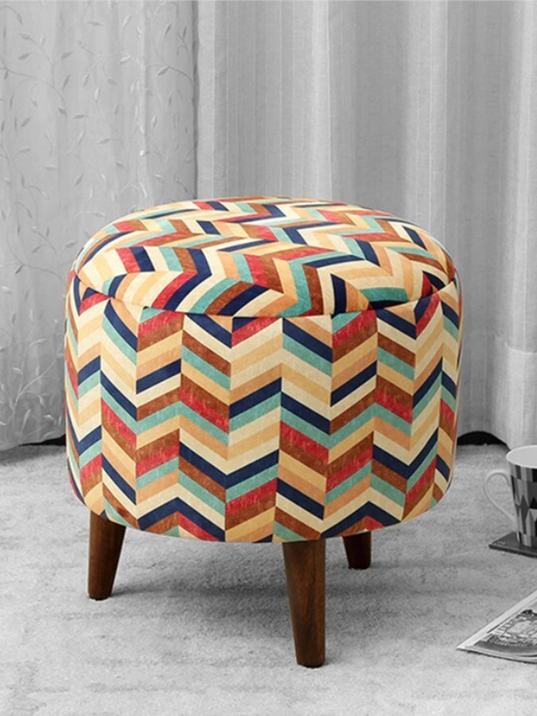 

GLOBALLY INDIAN Multicoloured Geometric Printed Round Puff Ottoman, Yellow