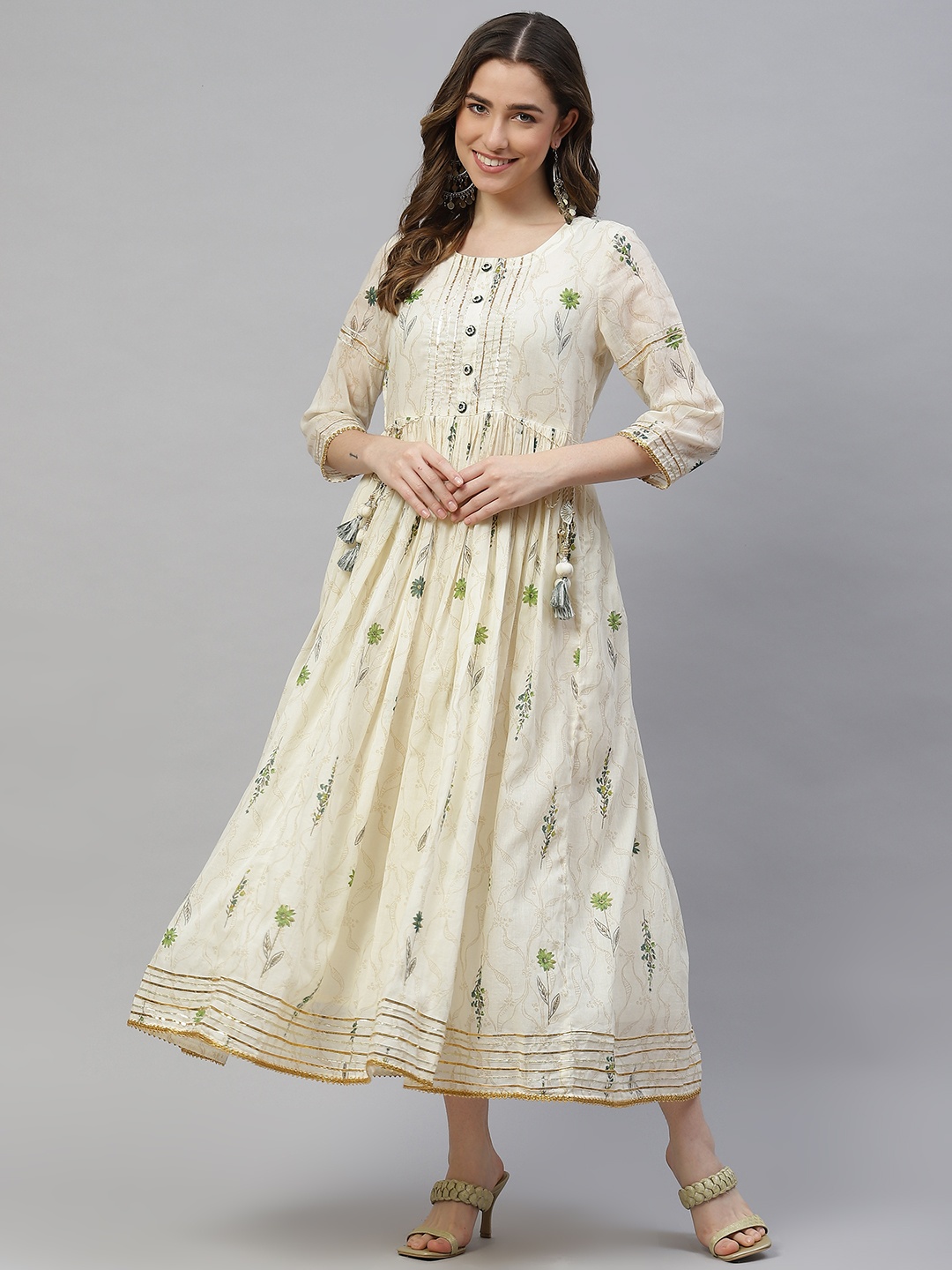 

PIROH Beige & Green Ethnic Print Cotton A-Line Maxi Dress