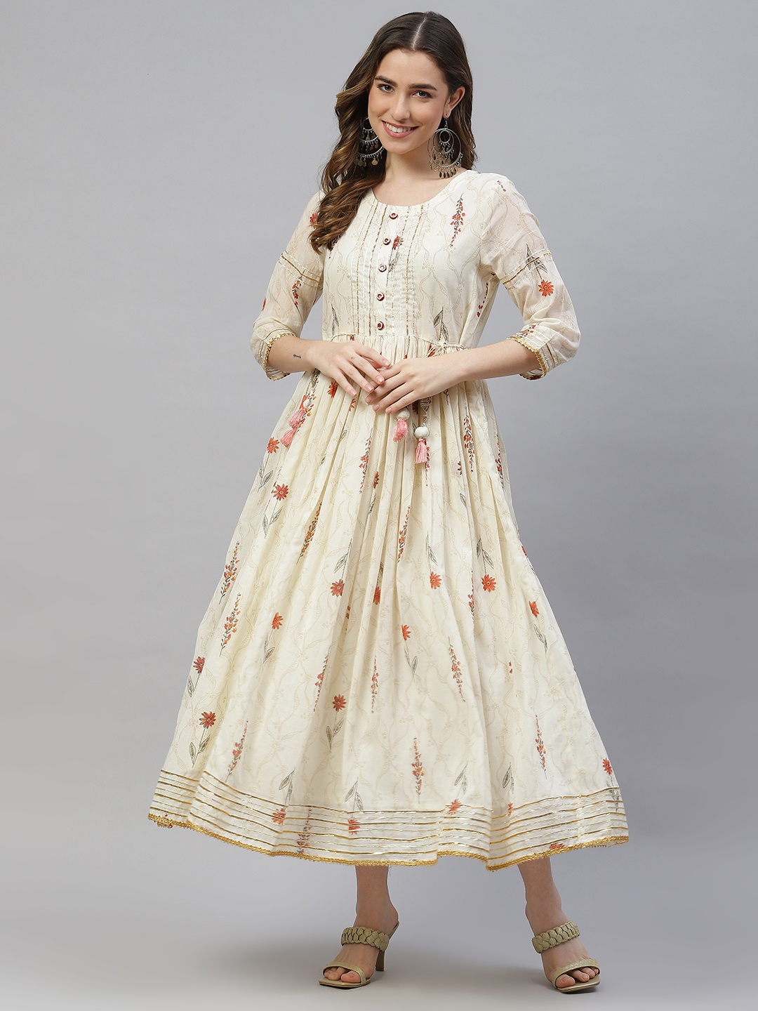 

PIROH Beige & Red Ethnic Print Cotton A-Line Maxi Dress