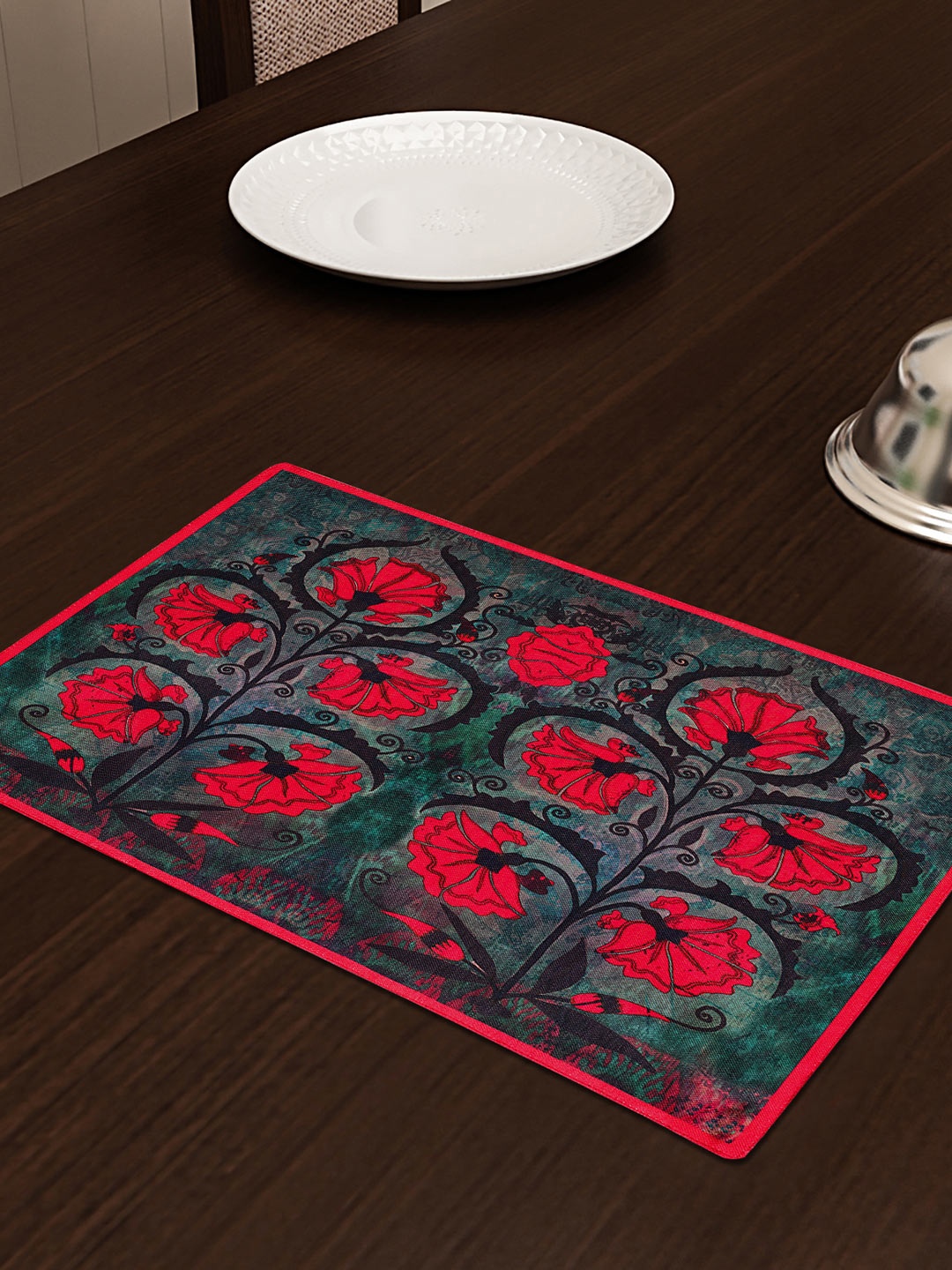 

SEJ by Nisha Gupta Grey & Red Set of 6 Printed Table Placemats