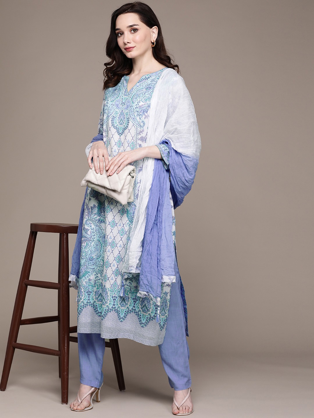 

Ritu Kumar Women White Ethnic Motifs Printed Kurta with Trousers & Dupatta