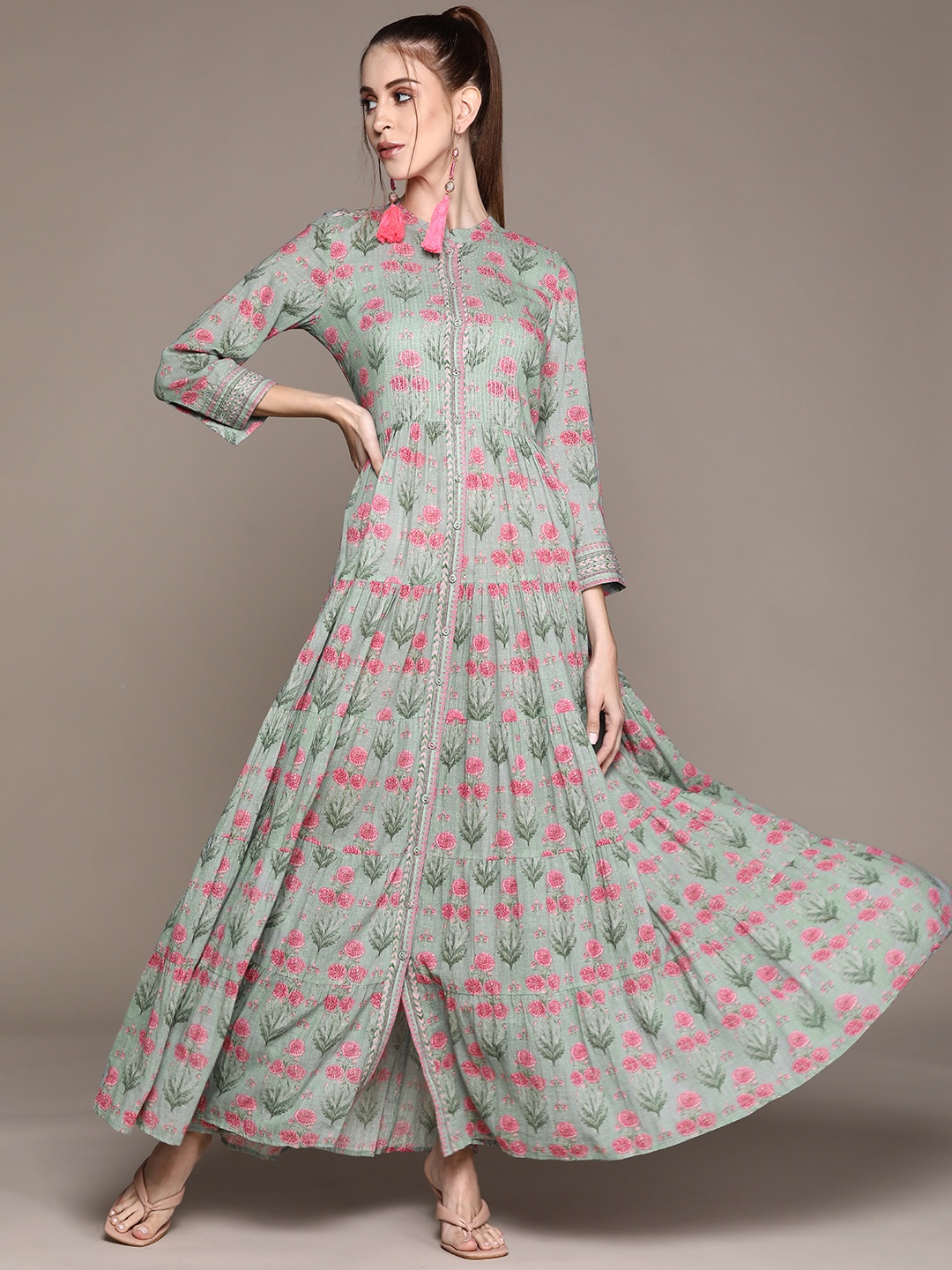

Ritu Kumar Grey & Green Floral Ethnic Maxi Dress