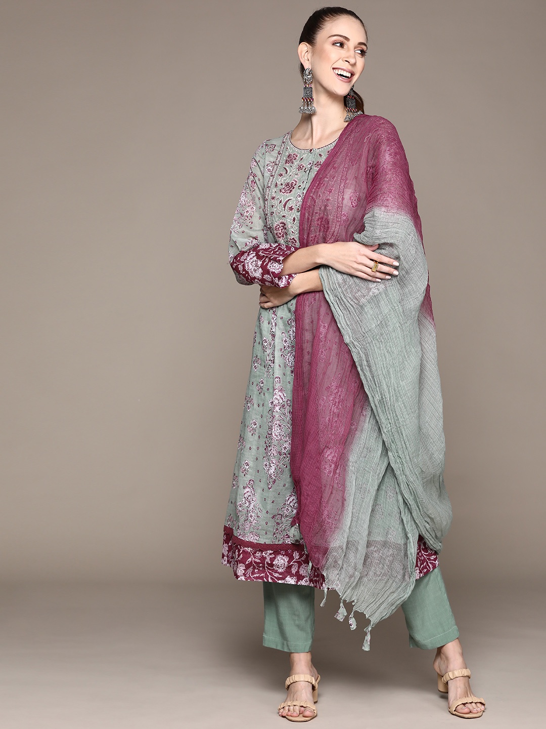 

Ritu Kumar Women Sea Green Ethnic Motifs Printed Pure Cotton Kurta with Trousers & With Dupatta