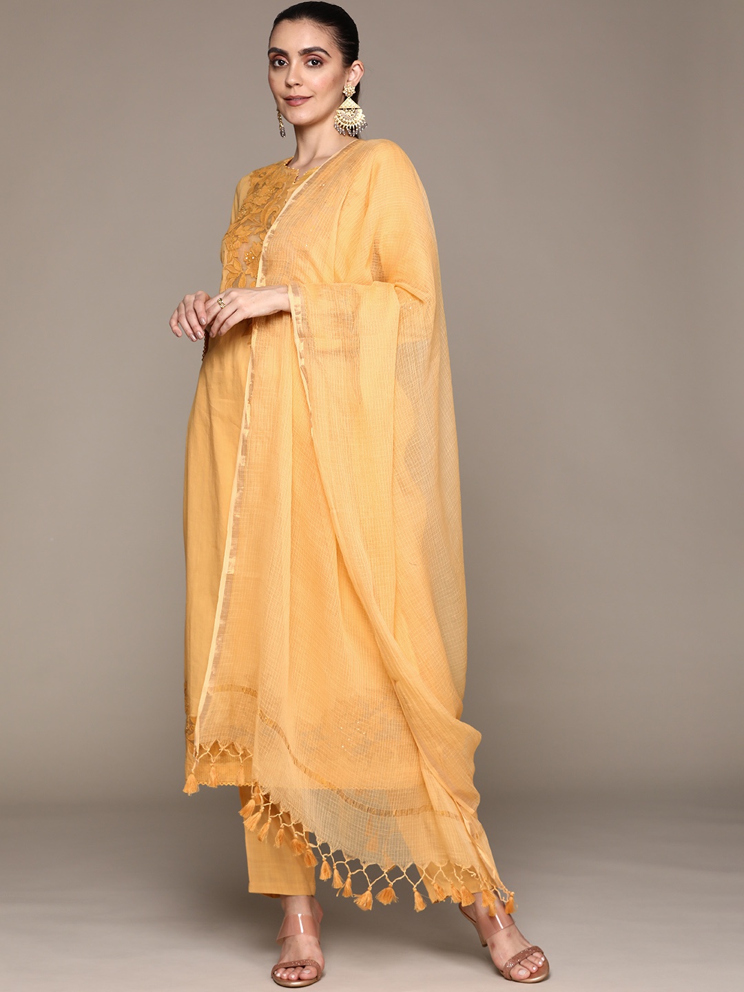 

Ritu Kumar Women Yellow Floral Embroidered Kurta with Palazzos & With Dupatta