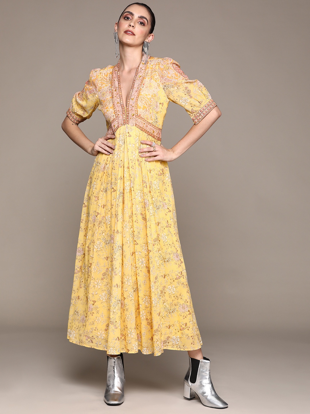 

Ritu Kumar Yellow & Pink Floral Maxi Dress