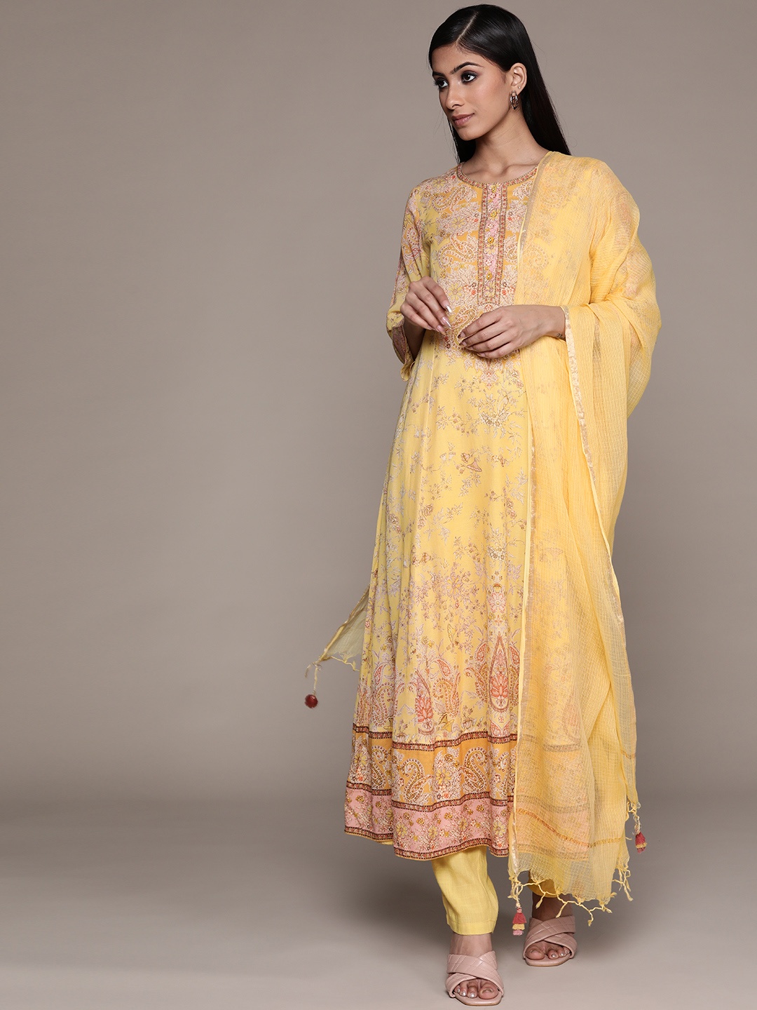 

Ritu Kumar Women Yellow Ethnic Motifs Printed Kurta with Trousers & Dupatta