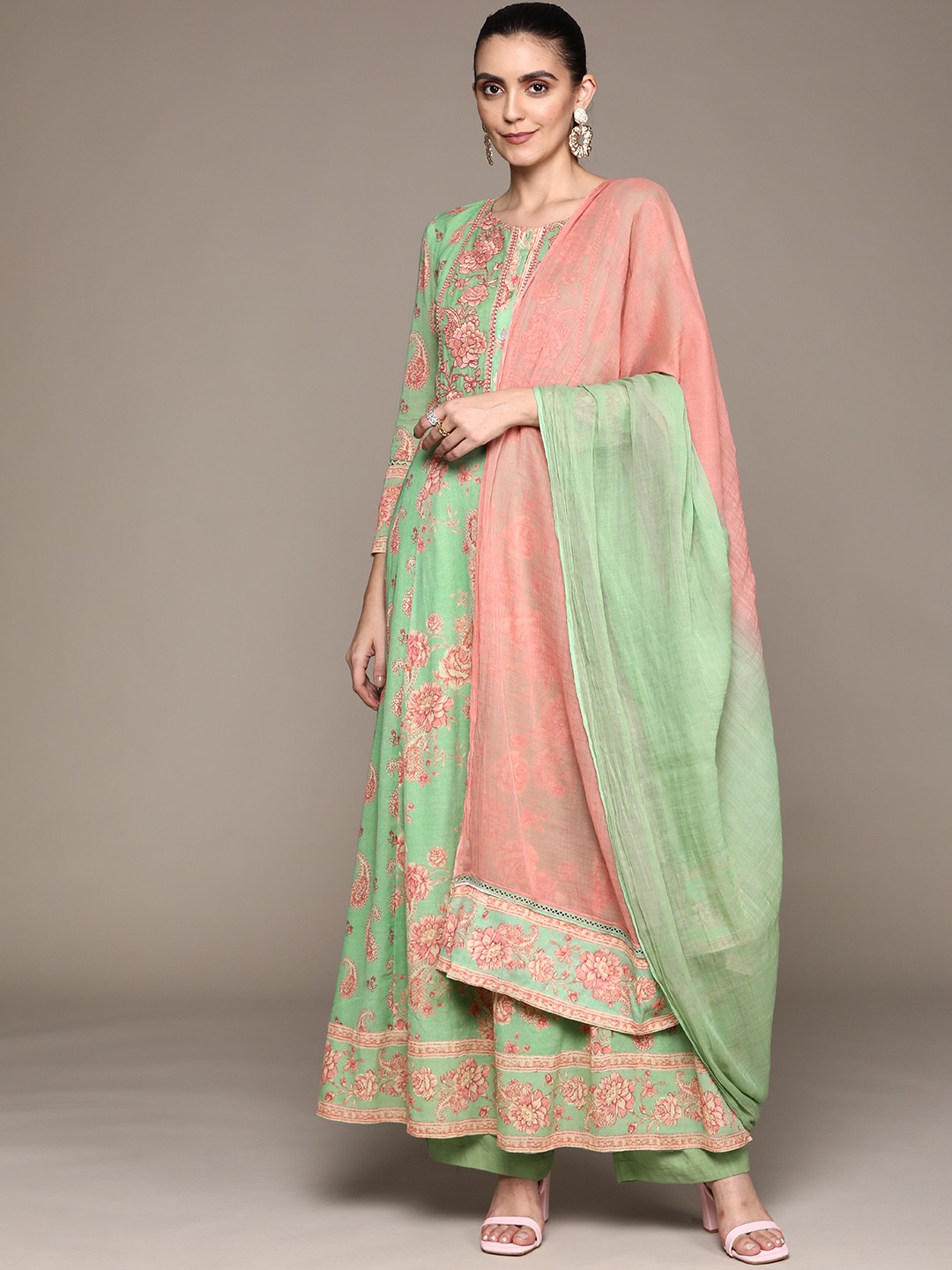 

Ritu Kumar Women Green Floral Yoke Design Panelled Kurta with Palazzos & With Dupatta