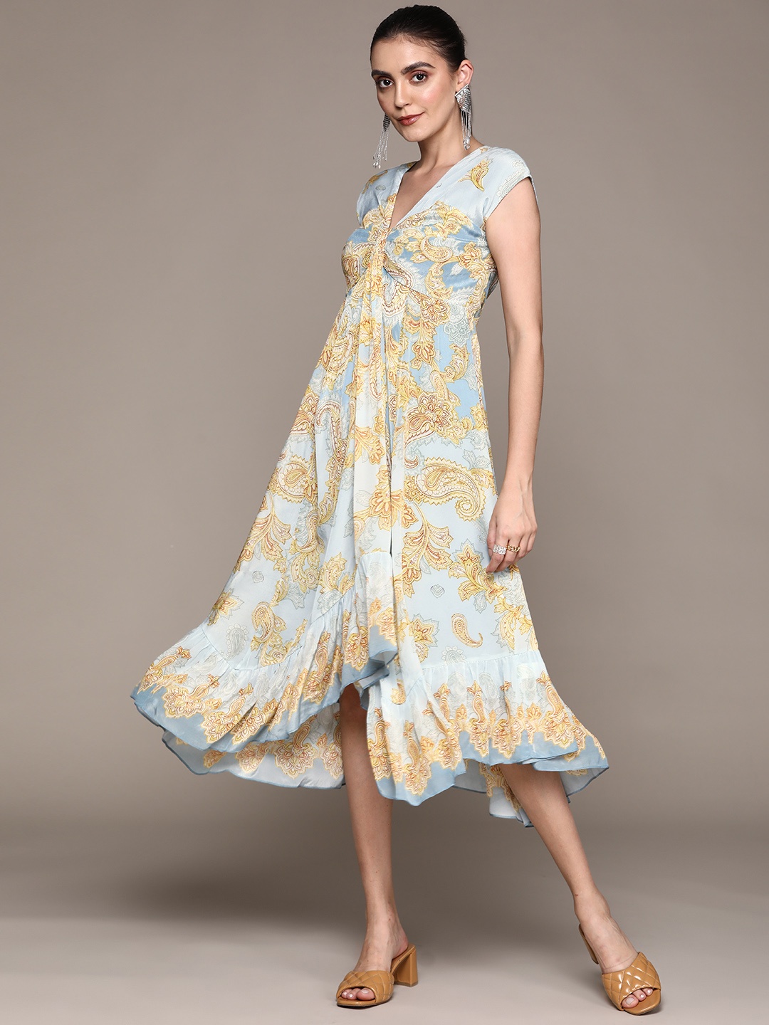 

Ritu Kumar Turquoise Blue Floral Crepe A-Line Midi Dress