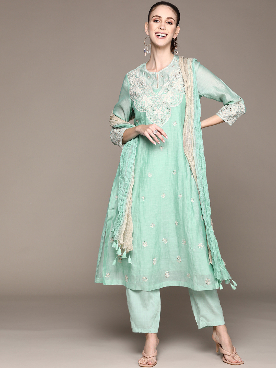 

Ritu Kumar Women Sea Green Floral Kurta with Trousers