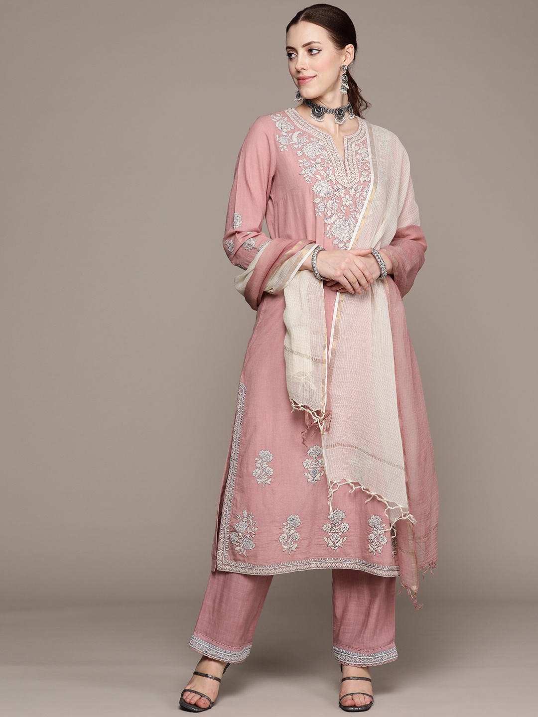 

Ritu Kumar Women Pink Ethnic Motifs Embroidered Pure Cotton Kurta with Trousers & Dupatta