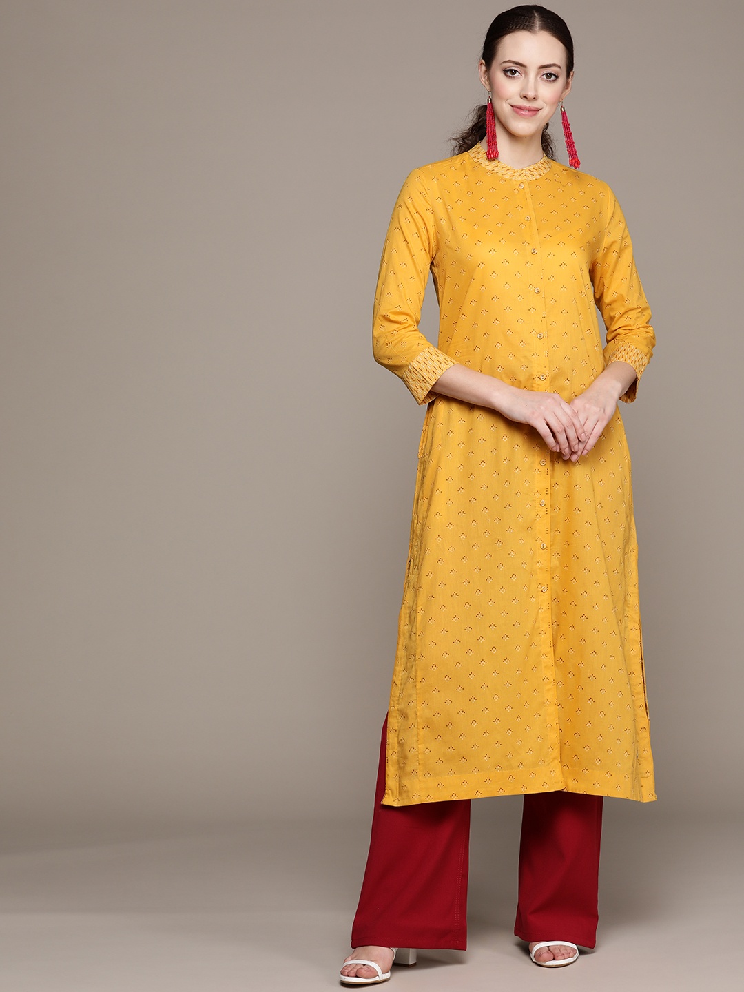 

Ritu Kumar Women Mustard Yellow Ditsy Printed Kurta