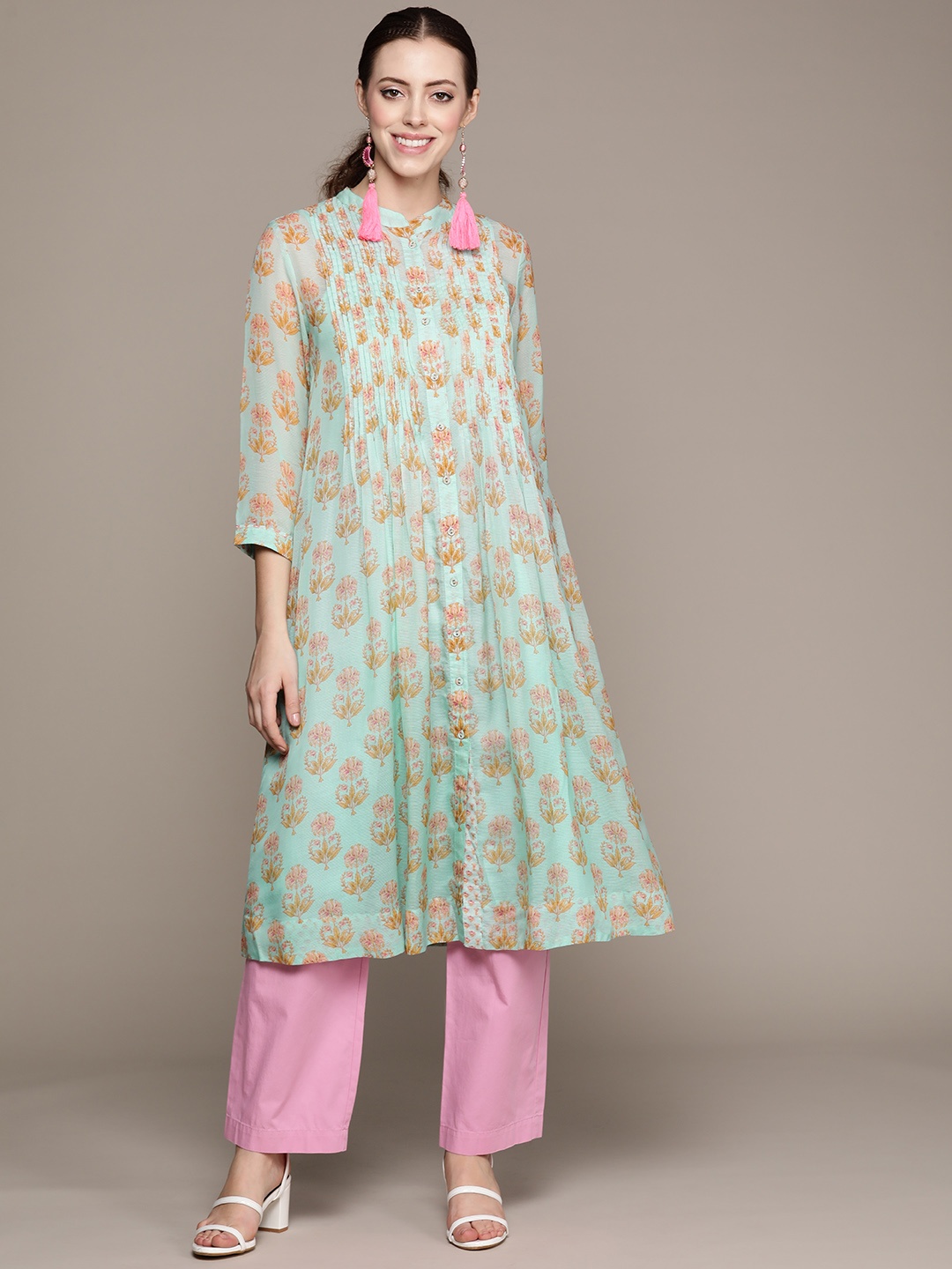 

Ritu Kumar Women Sea Green & Mustard Yellow Ethnic Motifs Printed Kurta