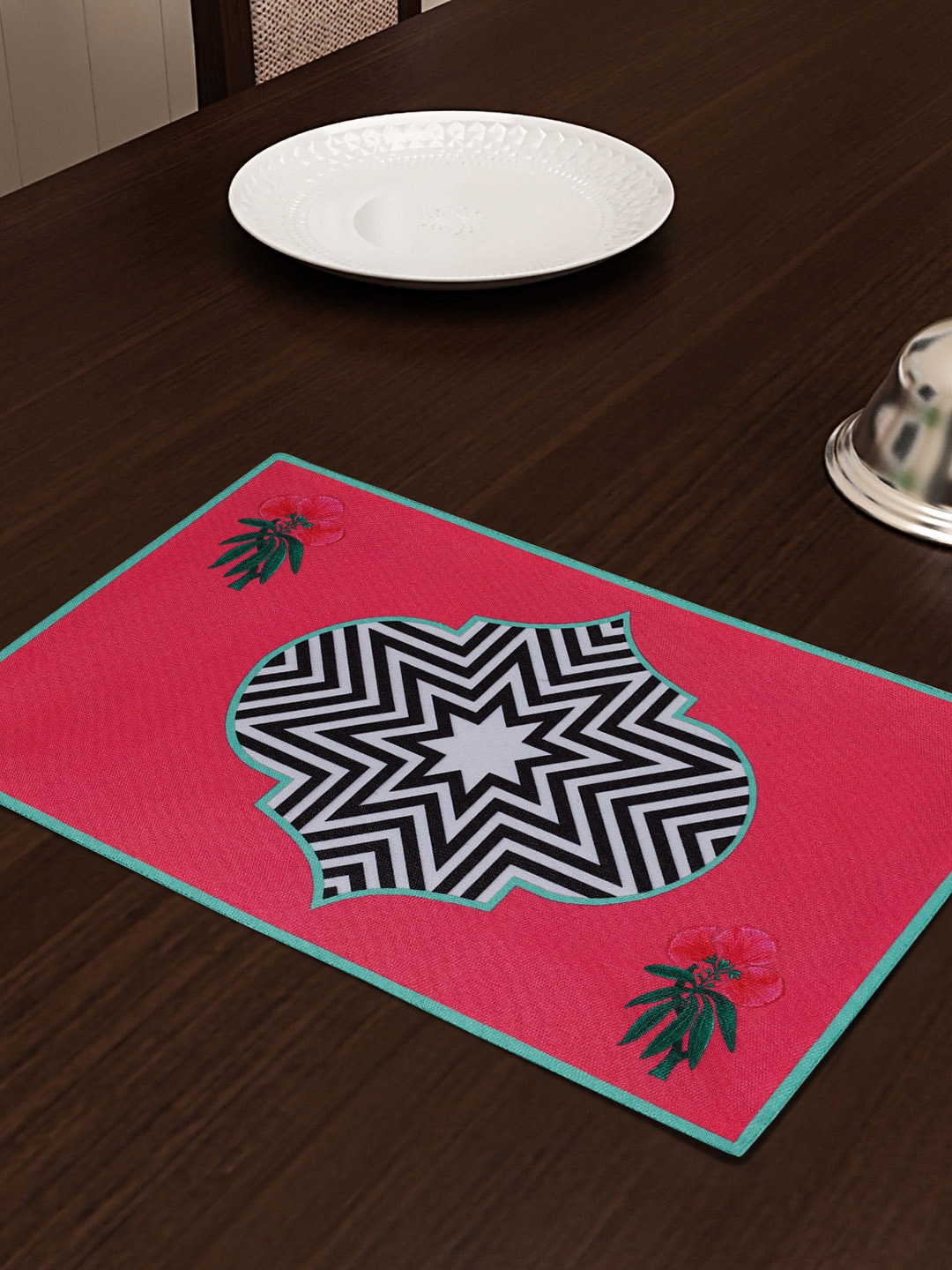 

SEJ by Nisha Gupta Pink & Black Set of 6 Printed Table Placemats