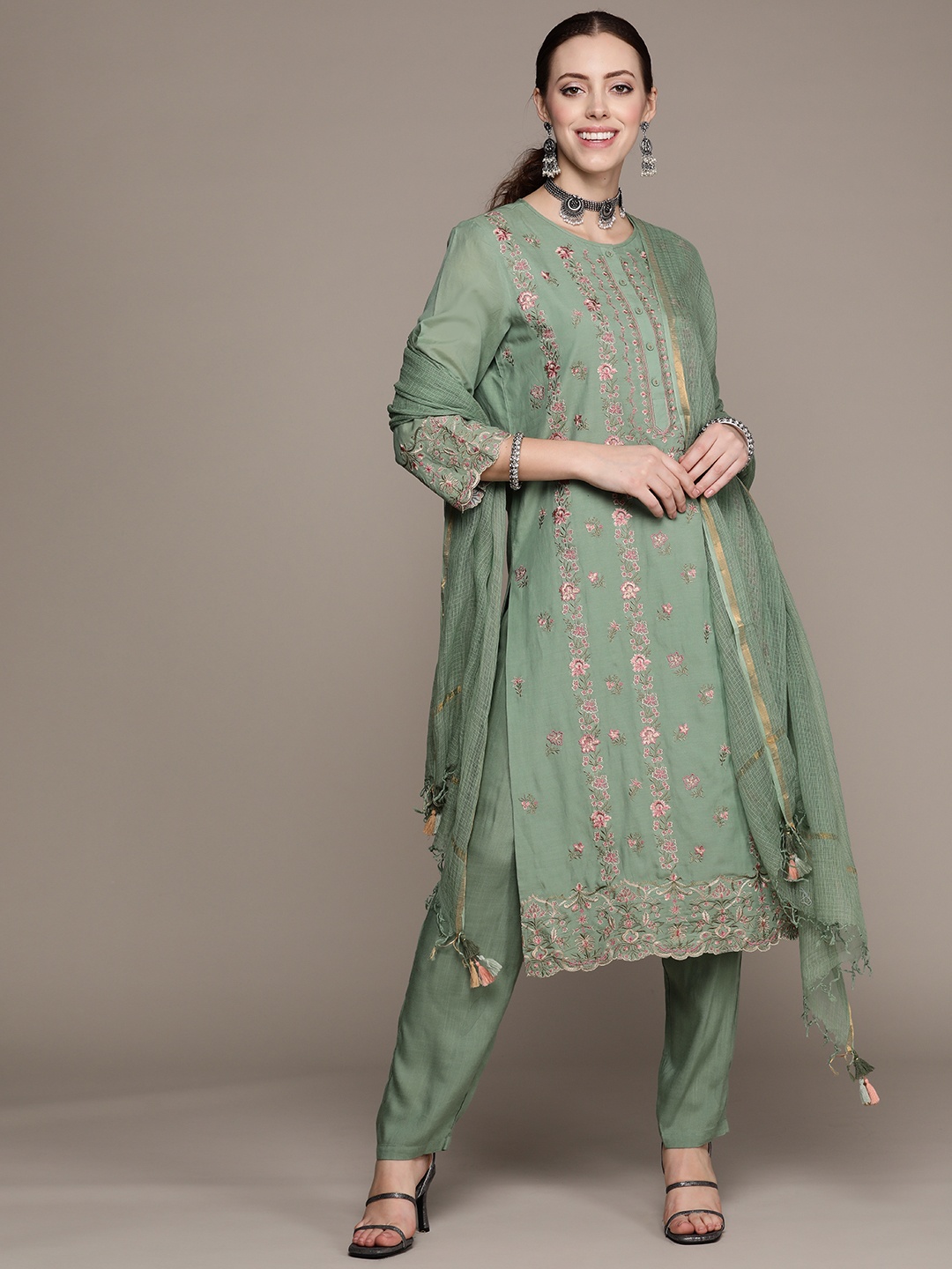 

Ritu Kumar Women Green Ethnic Motifs Embroidered Kurta with Trousers & Dupatta